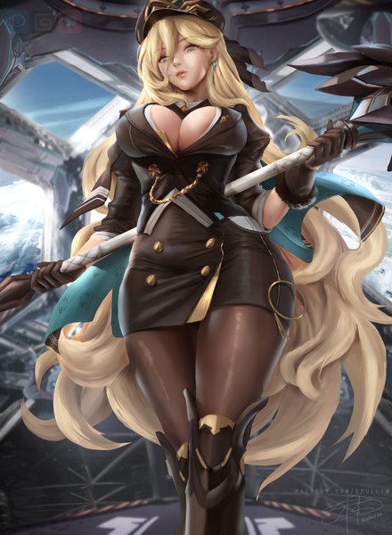 Anime picture 4000x5450 with honkai impact 3rd honkai (series) bianka durandal ataegina supullim single long hair tall image looking at viewer fringe highres breasts light erotic blonde hair hair between eyes large breasts standing holding signed absurdres sky