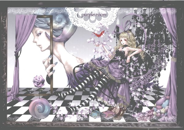 Anime picture 1300x920 with alice in wonderland tukiji nao (green glass) blonde hair red eyes sitting nail polish horn (horns) scan inscription wavy hair striped framed checkered floor checkered background girl thighhighs flower (flowers) animal bird (birds) rose (roses)