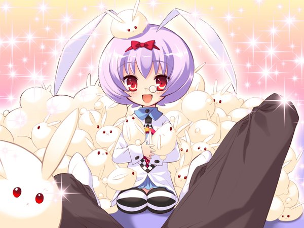 Anime picture 1600x1200 with alice parade silk (alice parade) itou noiji short hair open mouth smile red eyes sitting animal ears game cg purple hair :d loli bunny ears seiza girl animal glasses bunny pince-nez