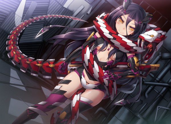 Anime picture 1700x1232 with original zenn (artist) long hair blush black hair smile yellow eyes mechanical girl thighhighs weapon sword bodysuit snake