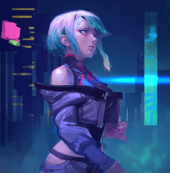 Anime picture 2561x2603 with cyberpunk edgerunners studio trigger lucy (cyberpunk) bryuenart single tall image fringe highres short hair standing green eyes looking away long sleeves parted lips profile off shoulder aqua hair girl jacket