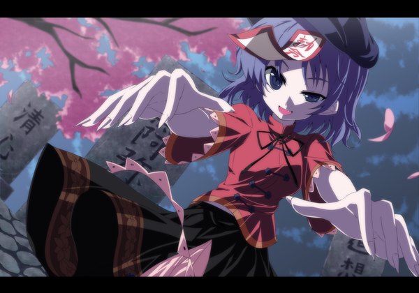 Anime picture 1428x1000 with touhou miyako yoshika isatessyu (artist) single looking at viewer short hair open mouth black hair fingernails black eyes cherry blossoms letterboxed long fingernails girl petals cemetery