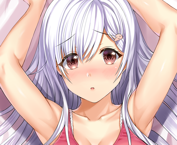 Anime picture 1219x1000 with original neeko arudehido single long hair looking at viewer blush fringe hair between eyes brown eyes silver hair lying arm up armpit (armpits) girl hairclip