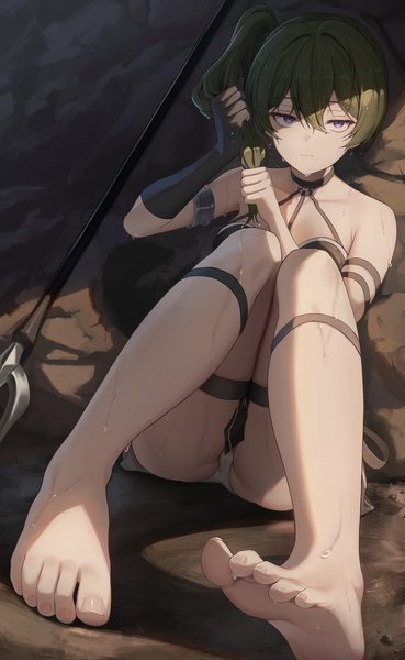 Anime picture 2486x4042 with sousou no frieren ubel (sousou no frieren) unnunal (unneonal) single long hair tall image looking at viewer fringe highres light erotic hair between eyes sitting purple eyes bare shoulders full body barefoot green hair wet dutch angle pantyshot