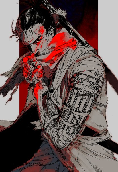 Anime-Bild 1723x2500 mit sekiro: shadows die twice from software sekiro piyomotsu single tall image highres short hair black hair standing looking away upper body ponytail black eyes scar outside border sheathed blood on face bloody clothes pillarboxed