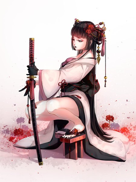 Anime picture 1200x1600 with original marmalade (elfless vanilla) single long hair tall image black hair bare shoulders bent knee (knees) nail polish traditional clothes japanese clothes wide sleeves bare legs lipstick eyeshadow tengu girl gloves flower (flowers) weapon