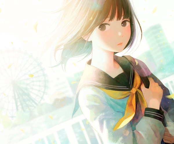 Anime picture 1400x1156 with original nakamura hinata single blush fringe short hair brown hair holding brown eyes looking away sky upper body outdoors long sleeves parted lips wind blurry city cityscape girl
