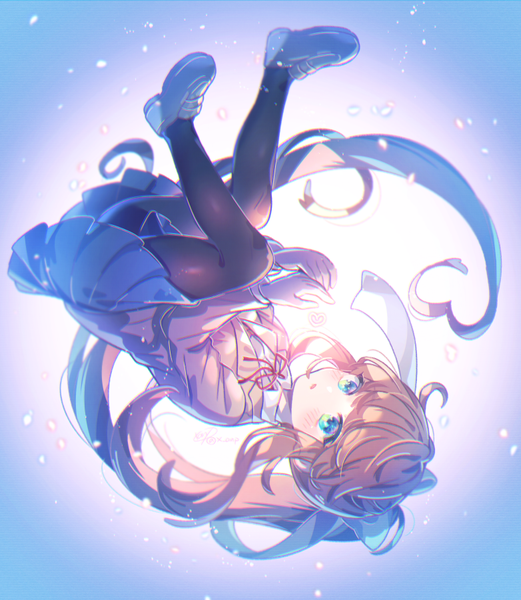 Anime picture 782x900 with doki doki literature club monika (doki doki literature club) aicedrop single tall image blush fringe light erotic brown hair green eyes signed payot looking away full body bent knee (knees) ponytail blunt bangs long sleeves very long hair pleated skirt
