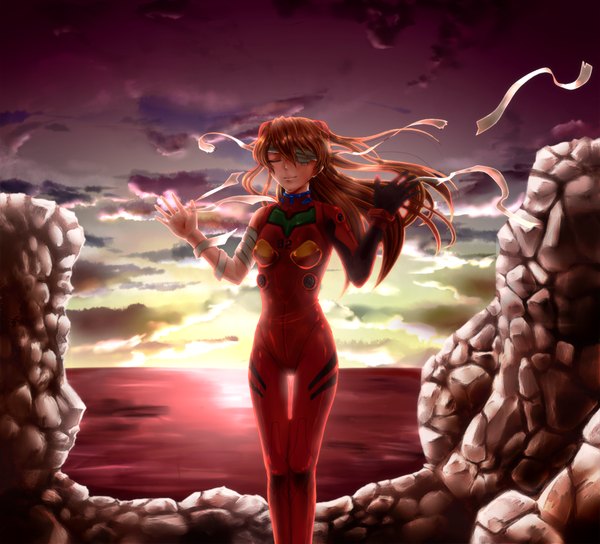 Anime picture 1600x1452 with neon genesis evangelion rebuild of evangelion evangelion: 2.0 you can (not) advance gainax soryu asuka langley shiryu (artist) single eyes closed orange hair spread arms rock bandage over one eye girl ribbon (ribbons) water bandage (bandages) eyepatch pilot suit
