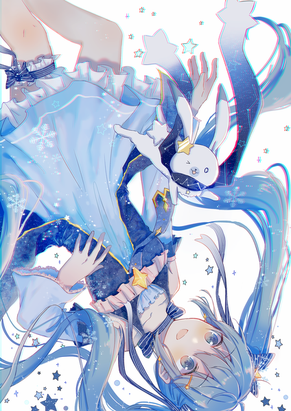 Anime picture 1344x1900 with vocaloid star night snow (vocaloid) hatsune miku yuki miku rabbit yukine yuki miku (2017) yuu mo single tall image blush open mouth blue eyes smile twintails blue hair looking away bent knee (knees) very long hair :d one eye closed