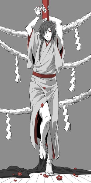 Anime picture 1500x3000 with natsume yuujinchou brains base (studio) matoba seiji noooooooooni single long hair tall image looking at viewer black hair simple background red eyes nail polish traditional clothes japanese clothes grey background bondage restrained boy flower (flowers) kimono