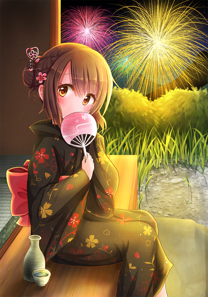 Anime picture 770x1100 with original snowmi single long hair tall image looking at viewer blush fringe brown hair sitting yellow eyes traditional clothes japanese clothes hair flower floral print fireworks girl hair ornament flower (flowers) plant (plants)