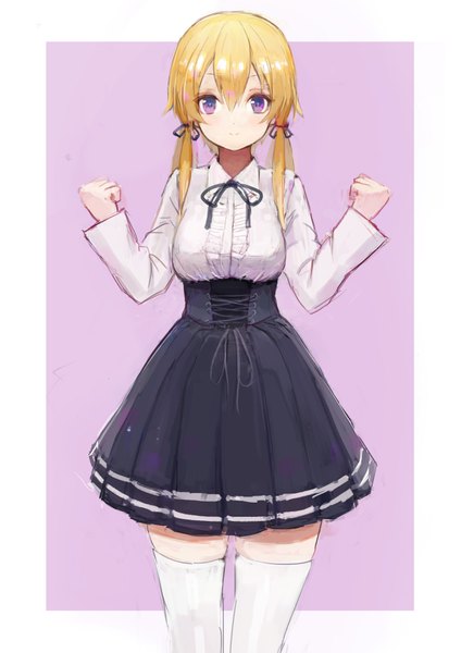 Anime-Bild 2480x3508 mit kantai collection prinz eugen (kantai collection) shion (mirudakemann) single long hair tall image fringe highres simple background blonde hair hair between eyes purple eyes twintails zettai ryouiki low twintails purple background alternate eye color girl thighhighs white thighhighs