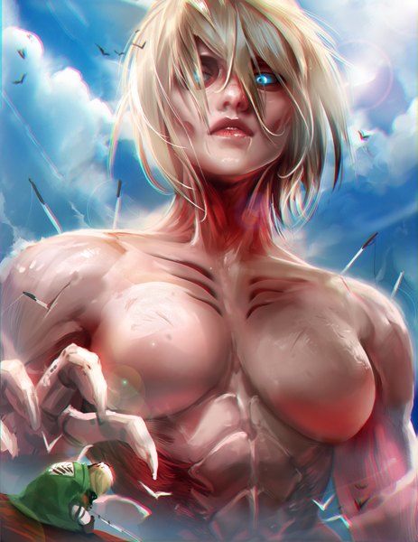 Anime picture 1391x1800 with shingeki no kyojin production i.g annie leonhart armin arlert female titan sakimichan tall image fringe short hair breasts blue eyes light erotic blonde hair sitting bare shoulders holding looking away sky cloud (clouds) upper body