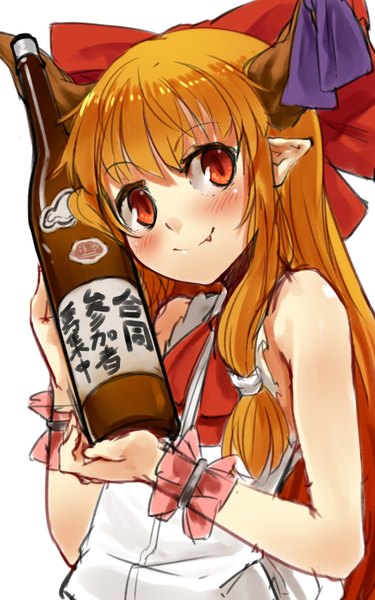 Anime picture 900x1440 with touhou ibuki suika nishiuri (artist) single long hair tall image simple background blonde hair smile red eyes white background looking away horn (horns) pointy ears teeth fang (fangs) girl bottle alcohol sake