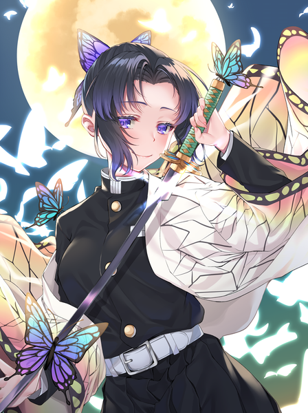 Anime picture 3737x4996 with kimetsu no yaiba ufotable kochou shinobu hizuki higure single tall image looking at viewer blush fringe highres short hair black hair simple background smile standing purple eyes holding absurdres upper body traditional clothes