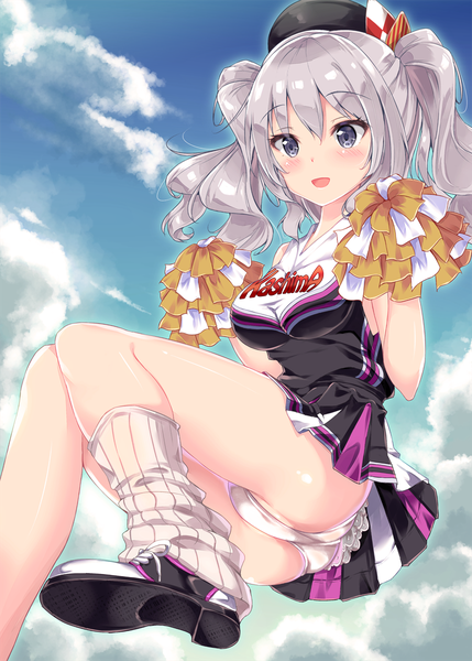 Anime picture 858x1200 with kantai collection kashima training cruiser fukuda shuushi single long hair tall image blush open mouth blue eyes light erotic twintails sky silver hair cloud (clouds) cheerleader girl skirt underwear panties miniskirt