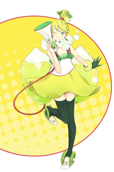 Anime picture 1329x2000 with original c.c. lemon c.c. lemon (character) yoshito (u10) single tall image blush short hair blonde hair smile bare shoulders green eyes looking away bent knee (knees) one eye closed wink hair bun (hair buns) standing on one leg girl thighhighs