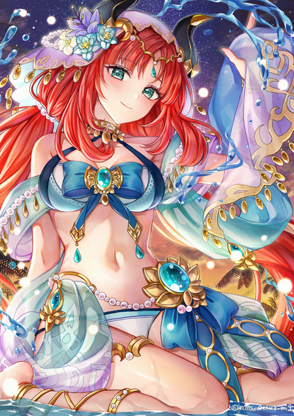 Anime picture 1630x2302 with genshin impact nilou (genshin impact) tamaso single long hair tall image looking at viewer fringe breasts light erotic smile sitting twintails signed sky outdoors red hair blunt bangs horn (horns) aqua eyes