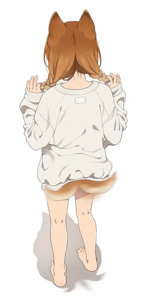 Anime picture 498x1000 with original mattaku mousuke single long hair tall image simple background standing white background animal ears full body tail braid (braids) long sleeves animal tail barefoot from behind orange hair shadow holding hair dog ears