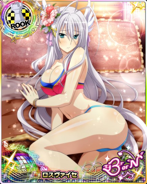 Anime picture 640x800 with highschool dxd rossweisse single long hair tall image looking at viewer blush breasts blue eyes light erotic ass white hair hair flower card (medium) girl navel hair ornament flower (flowers) swimsuit bikini