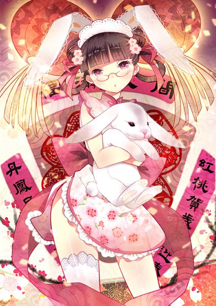 Anime picture 777x1099 with original domotolain single tall image looking at viewer fringe short hair brown hair animal ears bunny ears chinese clothes girl thighhighs dress animal white thighhighs glasses headdress maid headdress single thighhigh