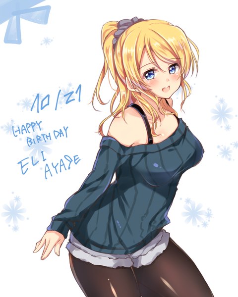 Anime picture 640x800 with love live! school idol project sunrise (studio) love live! ayase eli jiino single long hair tall image looking at viewer blush open mouth blue eyes light erotic blonde hair ponytail girl pantyhose sweater