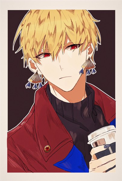 Anime picture 1382x2048 with fate (series) fate/grand order gilgamesh (fate) shu (shu690611) single tall image fringe short hair blonde hair hair between eyes red eyes holding looking away nail polish border boy earrings turtleneck disposable cup
