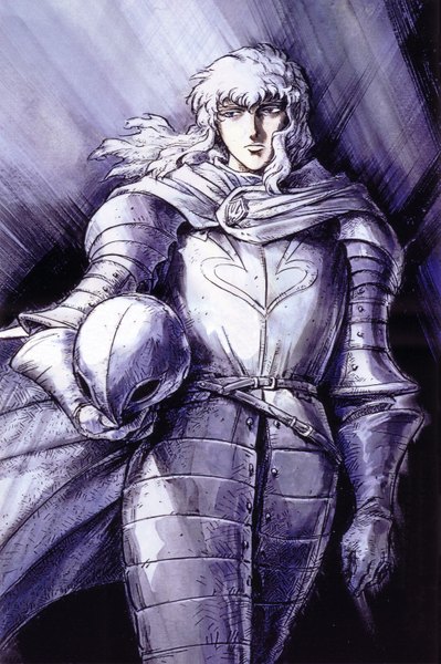 Anime picture 1065x1600 with berserk griffith tall image white hair wind boy armor cloak helmet