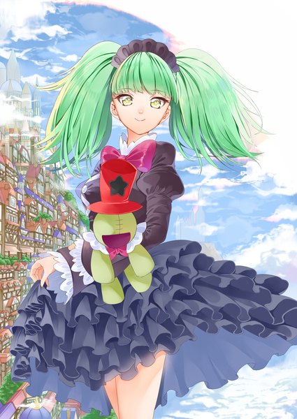 Anime picture 1432x2023 with precure kirakira precure a la mode toei animation biburi (precure) yuutarou (fukiiincho) single long hair tall image looking at viewer fringe smile standing twintails yellow eyes sky cloud (clouds) blunt bangs green hair girl dress