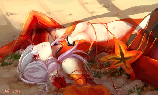 Anime picture 1500x900 with guilty crown production i.g yuzuriha inori dlien.muroka single long hair breasts light erotic red eyes wide image pink hair lying center opening girl gloves navel detached sleeves bodysuit rope