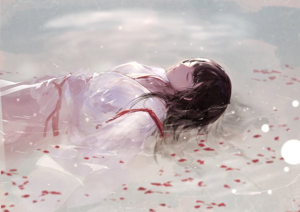 Anime picture 2865x2026 with kantai collection akagi aircraft carrier marumoru single long hair fringe highres breasts brown hair lying eyes closed blurry wet on back partially submerged afloat girl petals water