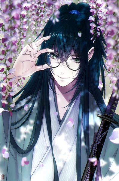 Anime picture 800x1213 with original tottome single long hair tall image fringe black hair hair between eyes green eyes upper body traditional clothes japanese clothes adjusting glasses boy flower (flowers) weapon petals sword glasses katana