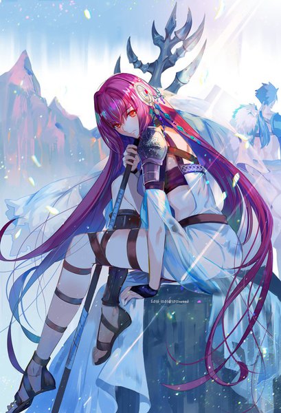 Anime picture 600x880 with fate (series) fate/grand order fate/stay night scathach (fate) (all) scathach (fate) cu chulainn (fate) astarone long hair tall image looking at viewer red eyes standing sitting holding purple hair full body bent knee (knees) outdoors very long hair head tilt