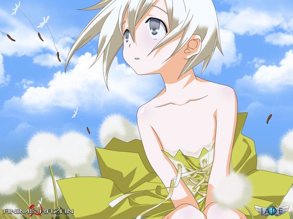 Anime picture 1600x1200 with miyashita miki single fringe short hair hair between eyes bare shoulders payot sky silver hair cloud (clouds) bent knee (knees) outdoors wind sunlight shadow grey eyes looking up nature sad girl
