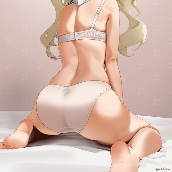Anime picture 3508x3508 with genshin impact barbara (genshin impact) wusie2 single long hair highres light erotic simple background blonde hair twintails signed absurdres ass barefoot from behind underwear only twitter username kneeling soles strap slip