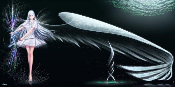 Anime picture 2700x1350 with original darkmuleth single long hair highres wide image white hair eyes closed magic dark background girl dress hair ornament wings musical instrument flute