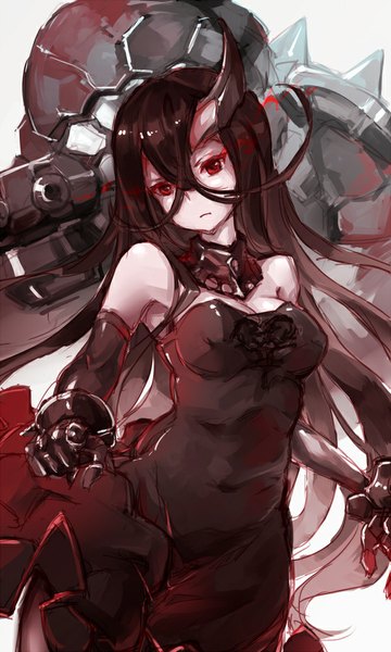 Anime picture 600x1000 with kantai collection battleship water oni labombardier! single long hair tall image looking at viewer fringe breasts black hair hair between eyes red eyes large breasts standing cleavage head tilt horn (horns) wind covered navel glowing