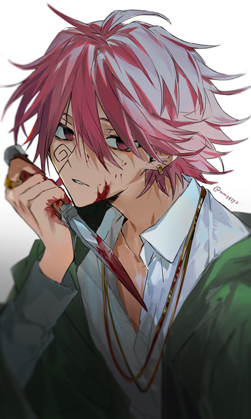 Anime-Bild 909x1518 mit mashle a-1 pictures carpaccio luo-yang mm39572 single tall image looking at viewer fringe short hair simple background hair between eyes red eyes white background signed pink hair twitter username blood on face bloody weapon boy blood