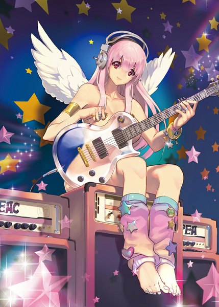 Anime picture 800x1118 with nitroplus super sonico matsuki ringo single long hair tall image looking at viewer light erotic smile red eyes sitting nail polish barefoot fingernails legs long fingernails angel wings white wings partial nude transparent
