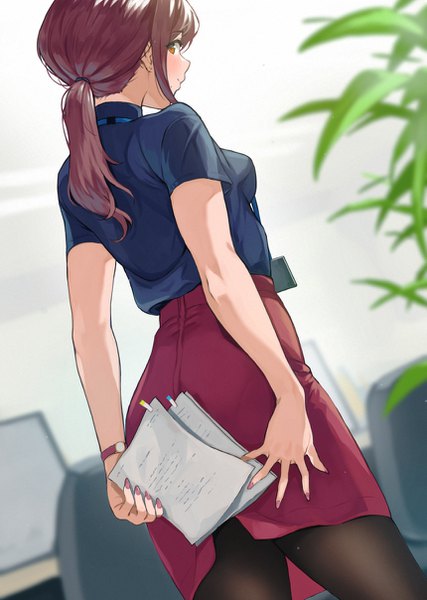 Anime picture 859x1208 with original doushimasho single long hair tall image looking at viewer blush smile brown hair standing holding brown eyes payot indoors nail polish profile looking back from behind blurry short sleeves