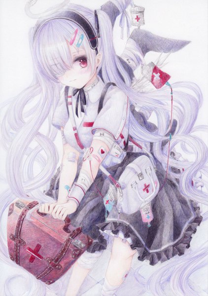 Anime picture 1126x1600 with original darkkanan single tall image looking at viewer blush fringe simple background red eyes standing holding silver hair very long hair light smile hair over one eye short sleeves two side up frilly skirt traditional media bandaid on arm