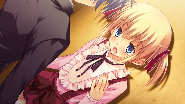Anime picture 1280x720 with himitsu no otome blush short hair open mouth blue eyes blonde hair wide image twintails game cg loli short twintails girl dress ribbon (ribbons) hair ribbon