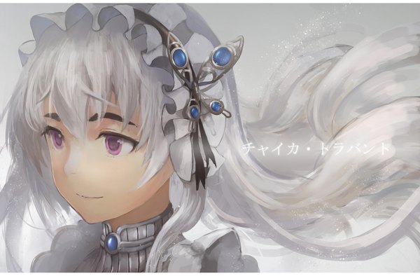 Anime picture 1920x1261 with hitsugi no chaika studio bones chaika trabant feirla (artist) single long hair highres simple background purple eyes looking away silver hair light smile grey background character names letterboxed close-up girl hair ornament butterfly hair ornament headscarf