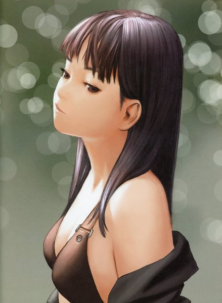 Anime picture 5092x6966 with original futurelog (artbook) range murata single long hair tall image looking at viewer fringe highres breasts light erotic black hair absurdres cleavage upper body parted lips black eyes scan off shoulder looking down