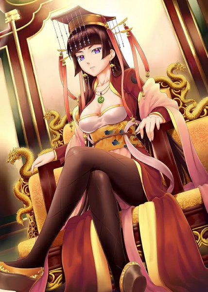 Anime picture 730x1024 with original hotpepperman single long hair tall image looking at viewer blue eyes brown hair sitting crossed legs girl dress hair ornament hat pantyhose pendant