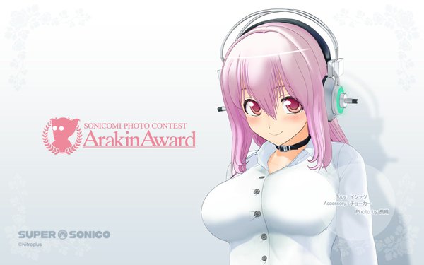 Anime picture 1920x1200 with nitroplus super sonico single long hair looking at viewer blush highres smile pink hair pink eyes girl shirt headphones