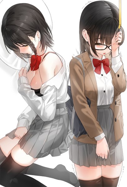 Anime picture 839x1230 with original kfr tall image blush fringe short hair breasts open mouth light erotic black hair simple background hair between eyes large breasts standing white background holding yellow eyes payot cleavage lying