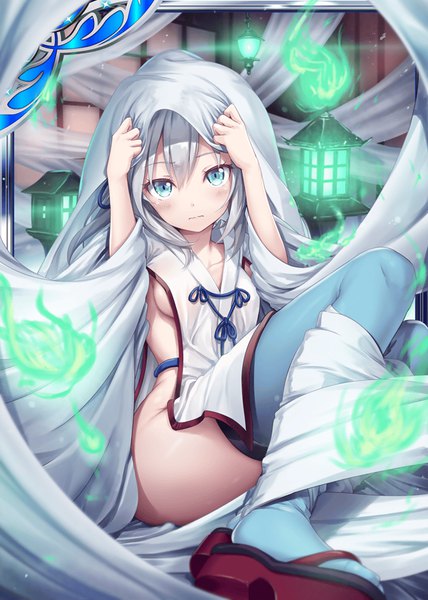 Anime picture 640x896 with shinkai no valkyrie akkijin single long hair tall image looking at viewer blush fringe breasts blue eyes light erotic hair between eyes silver hair traditional clothes japanese clothes card (medium) girl thighhighs lamp geta
