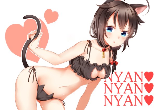 Anime picture 1227x867 with kantai collection shigure destroyer mashiro aa single long hair looking at viewer blush breasts blue eyes light erotic black hair white background animal ears tail braid (braids) animal tail cat ears cat girl cat tail underwear only
